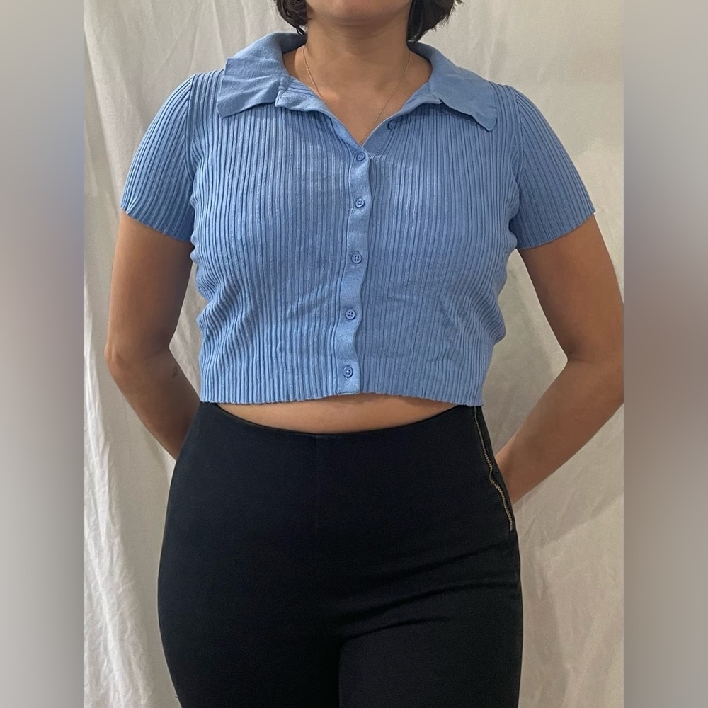 Y2K Cropped Baby Blue Polo Tee / SZ M